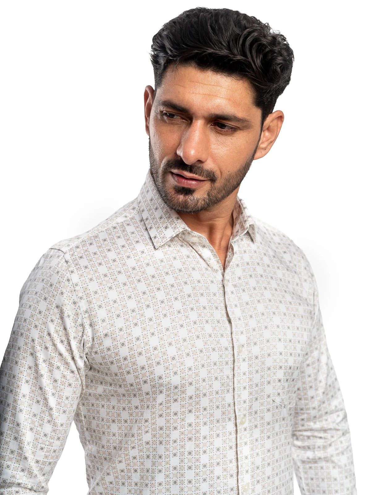 Geometric Print Shirt in Beige & White