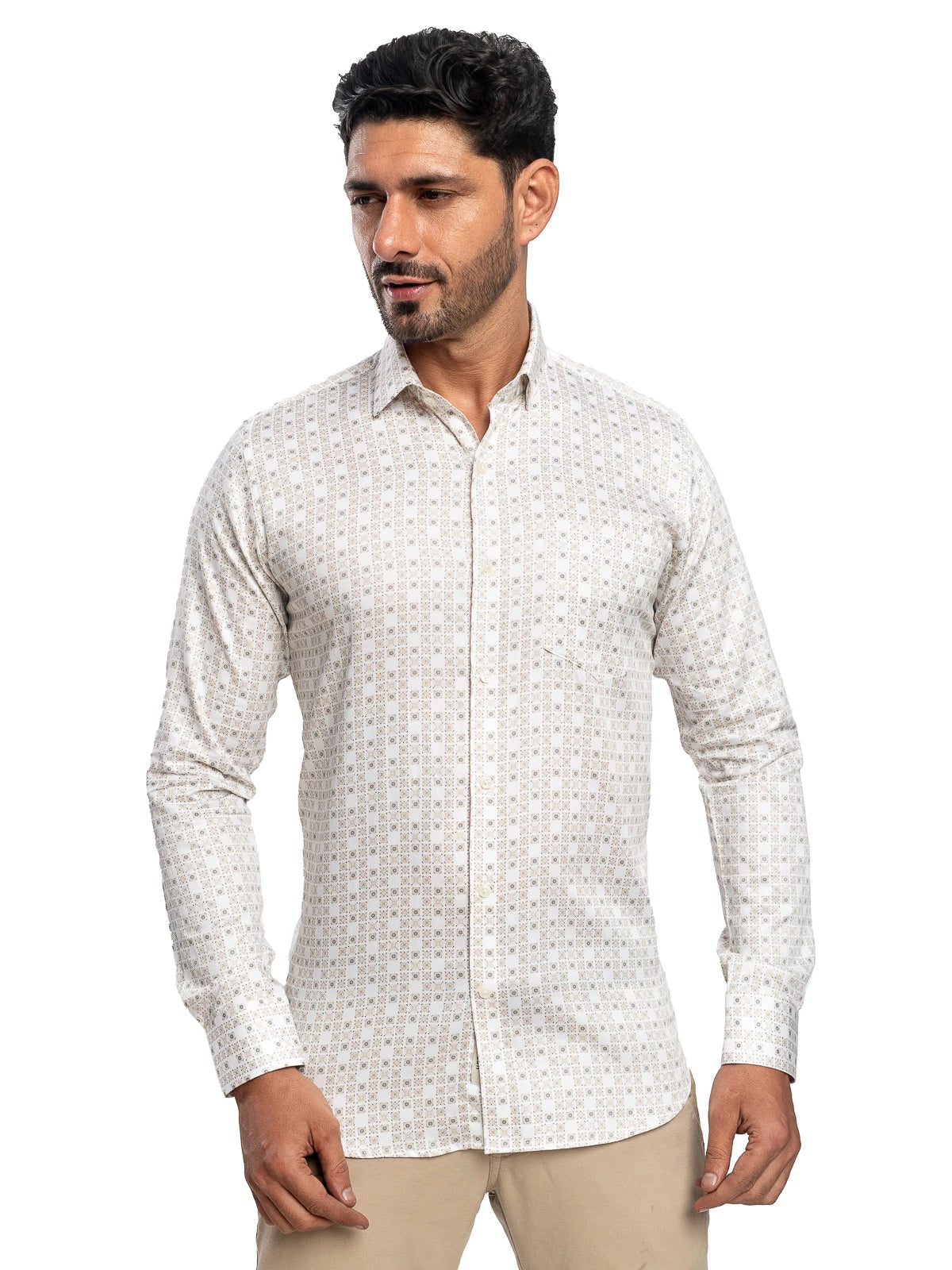 Geometric Print Shirt in Beige & White