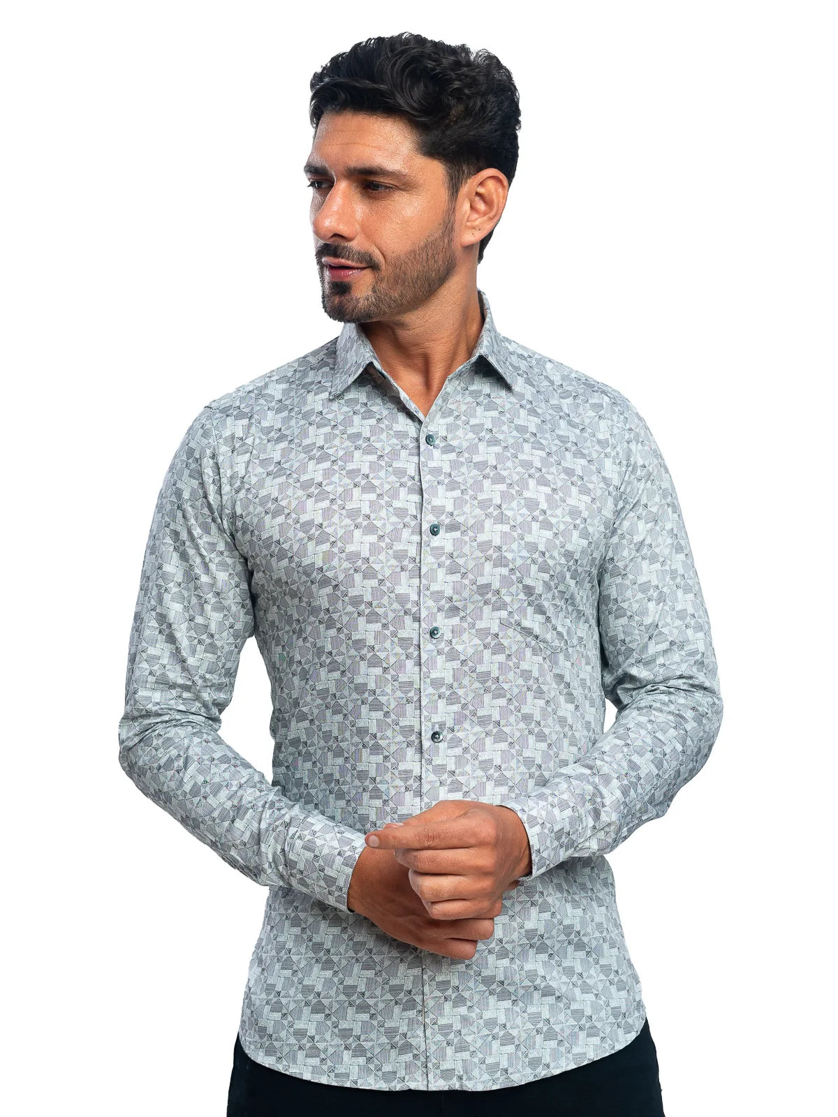 Geometric Print Shirt in Green & White