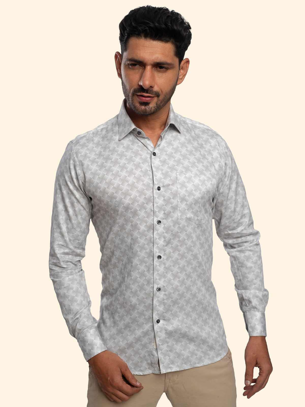 Diamond Mesh Beige Printed Shirt