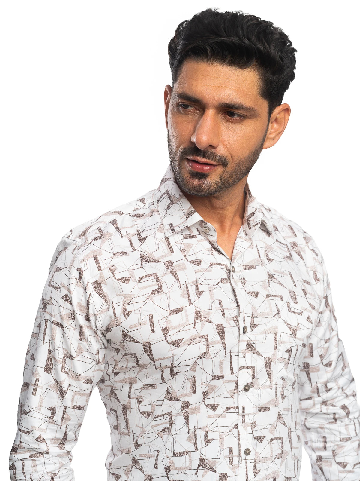 Abstract Print Shirt in White & Brown