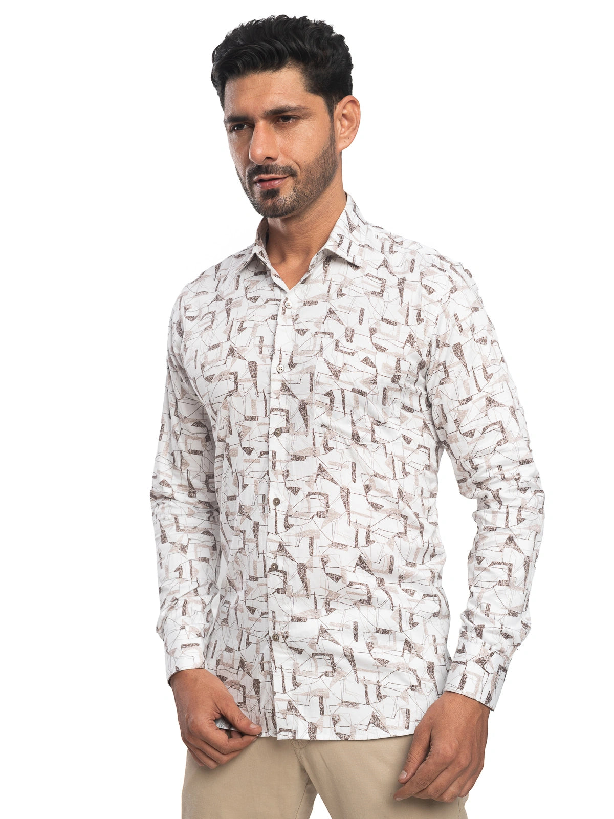 Abstract Print Shirt in White & Brown