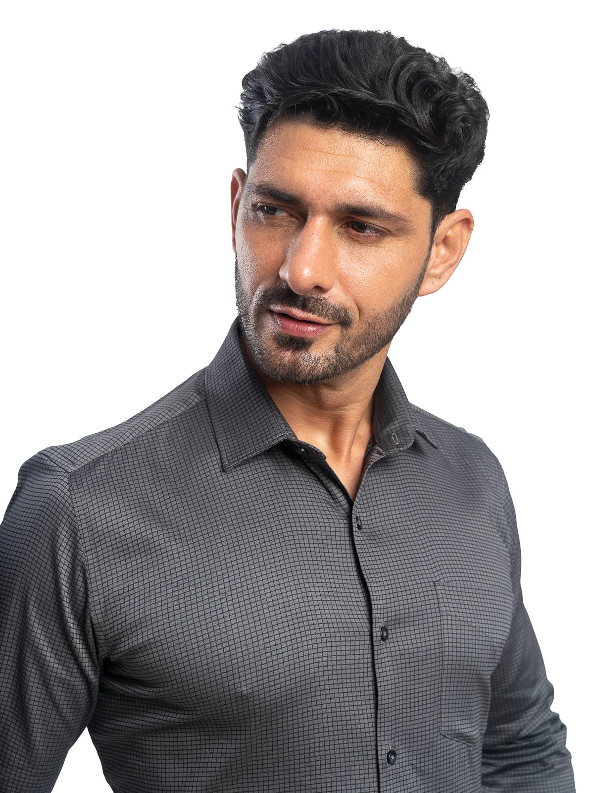 Grid Check Stretch Shirt in Black