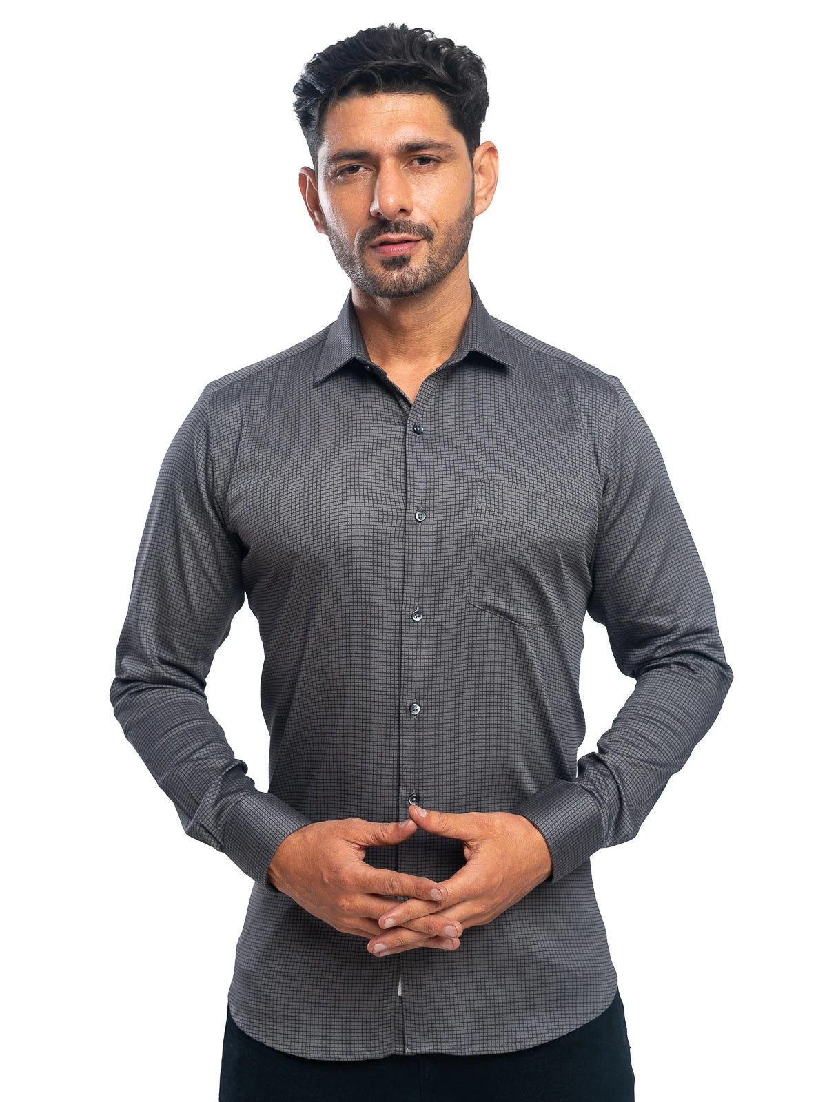 Grid Check Stretch Shirt in Black