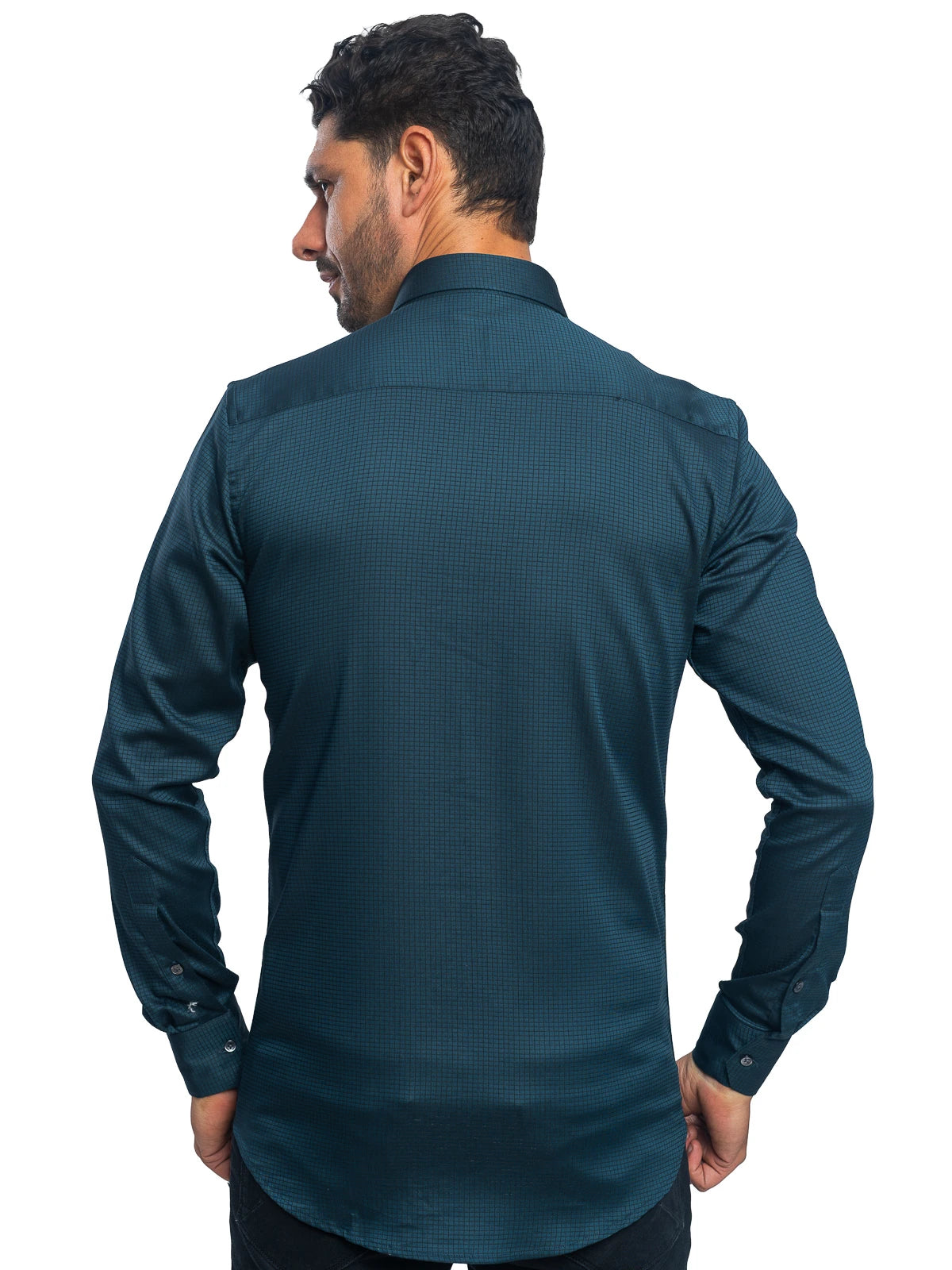 Grid Check Stretch Shirt in Ocean Blue