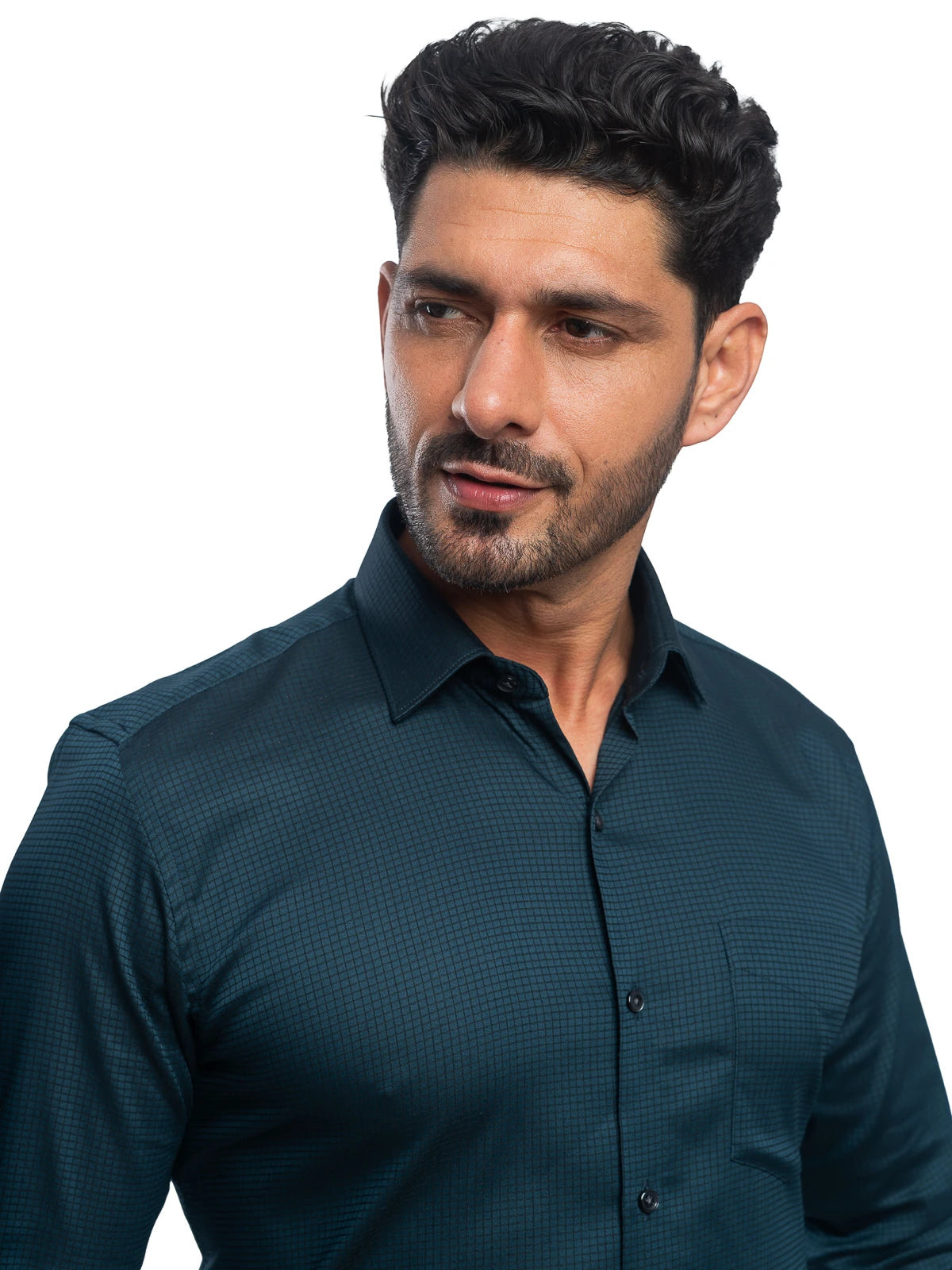 Grid Check Stretch Shirt in Ocean Blue