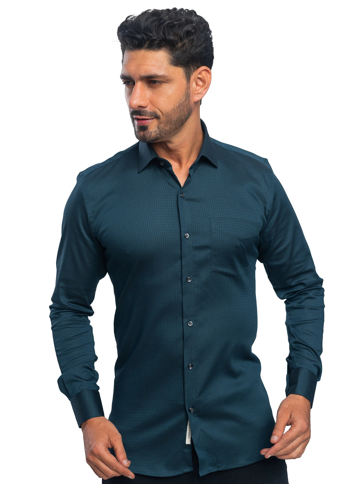 Grid Check Stretch Shirt in Ocean Blue
