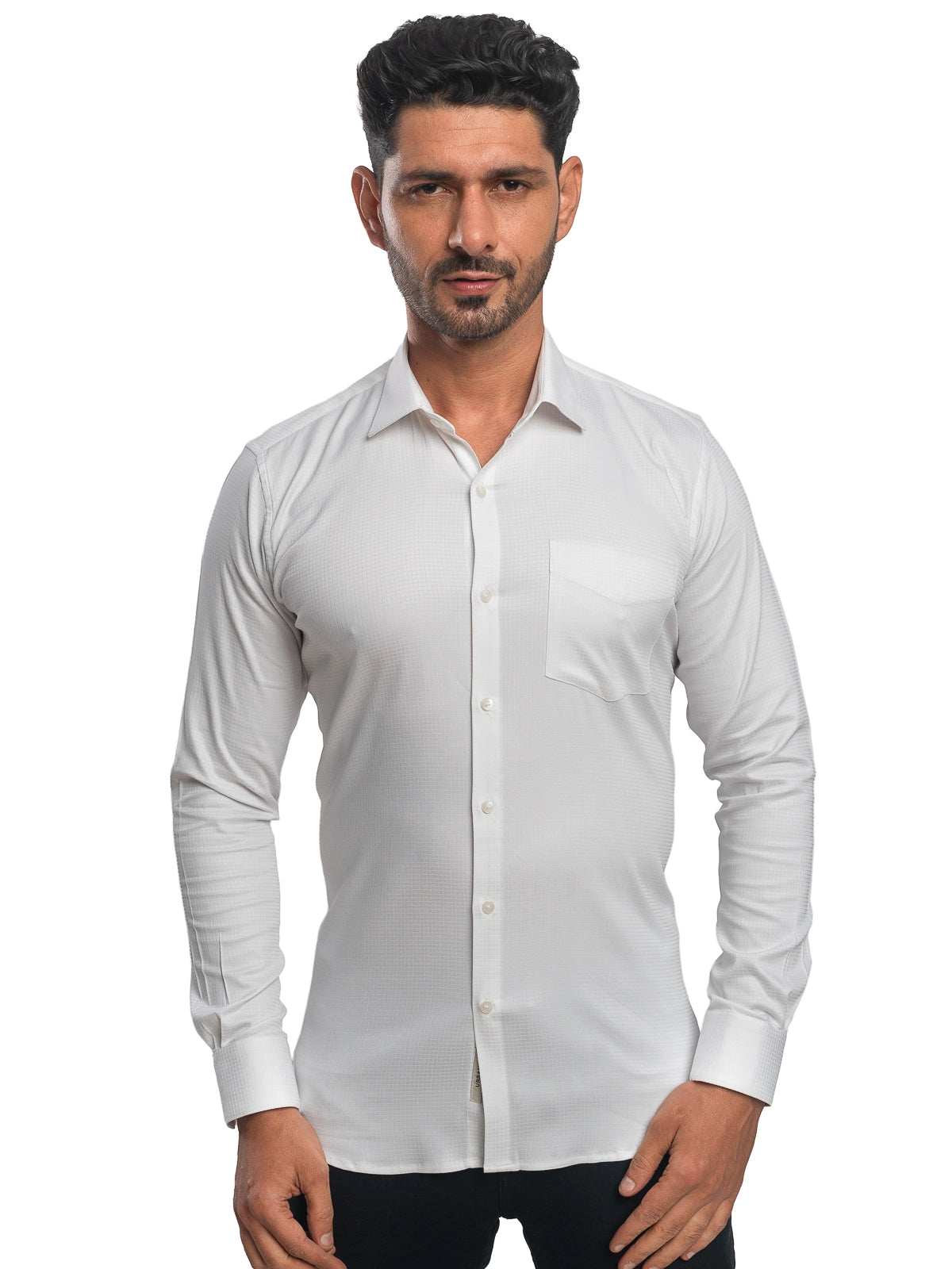 Grid Check Stretch Shirt in White