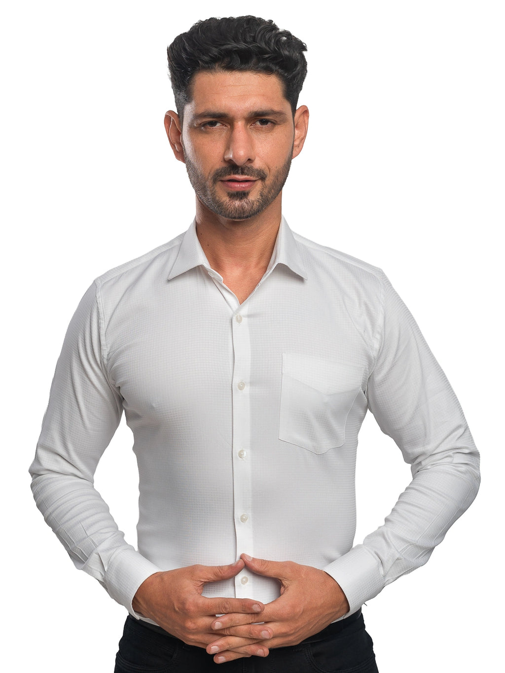 Grid Check Stretch Shirt in White