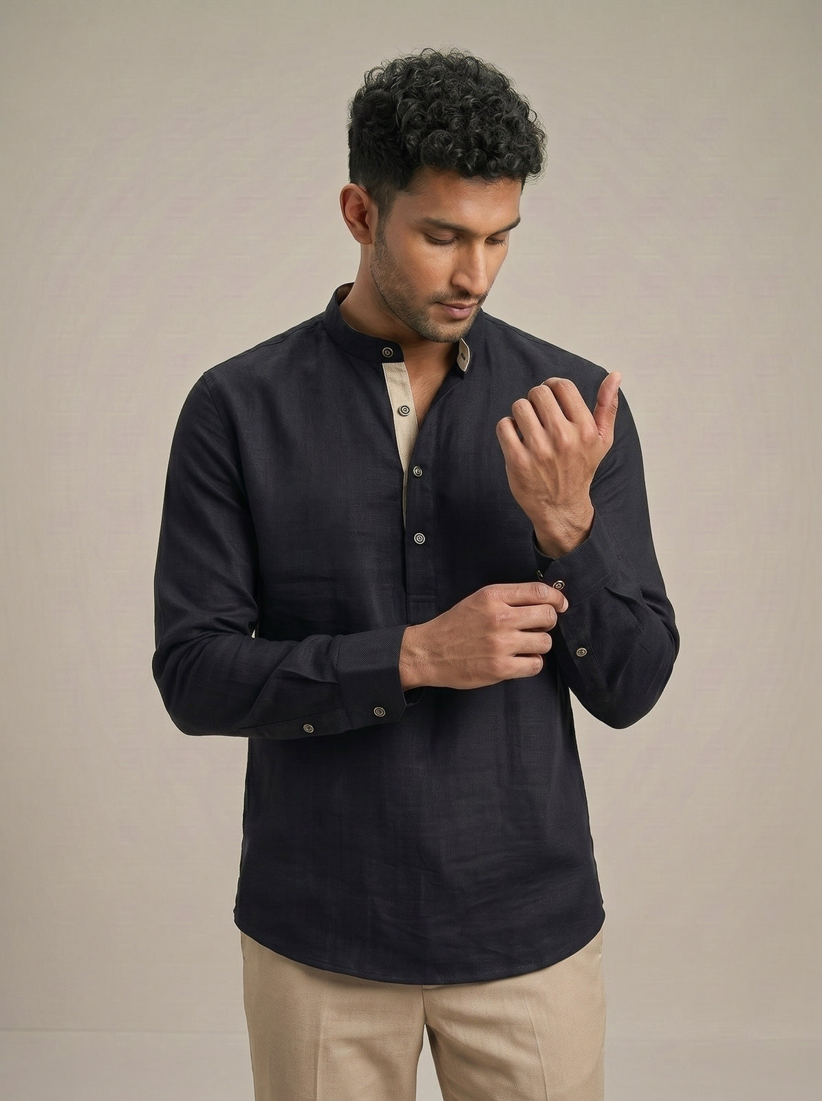 Jet Black Linen-Look Short Kurta