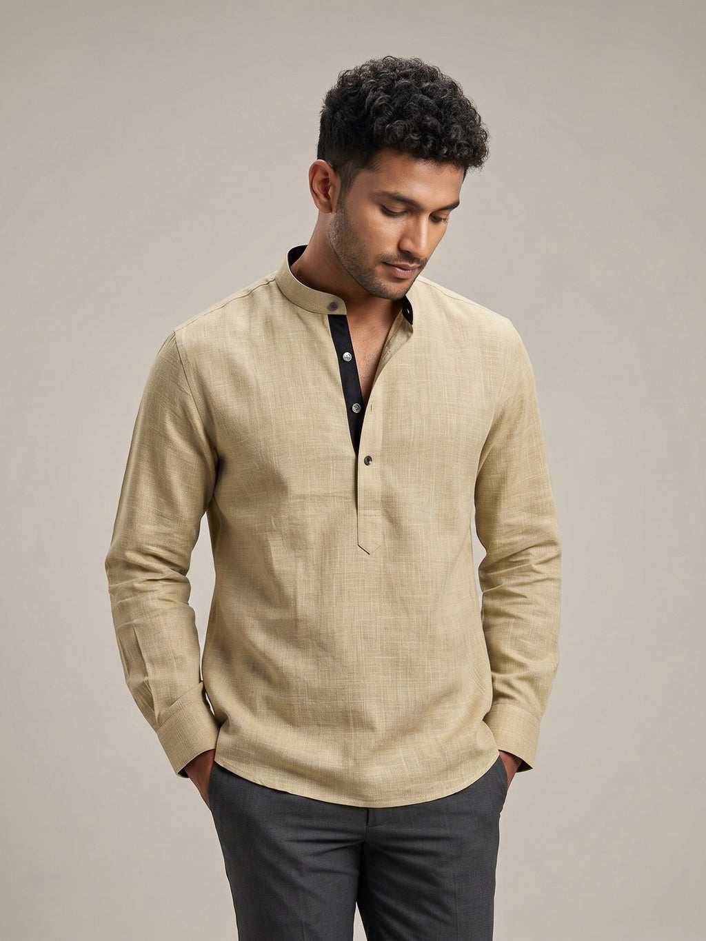 Sand Beige Linen Look Short Kurta