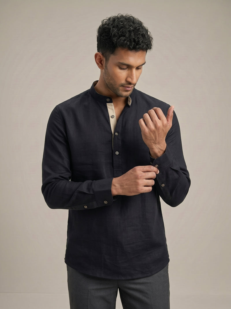 Jet Black Linen-Look Short Kurta