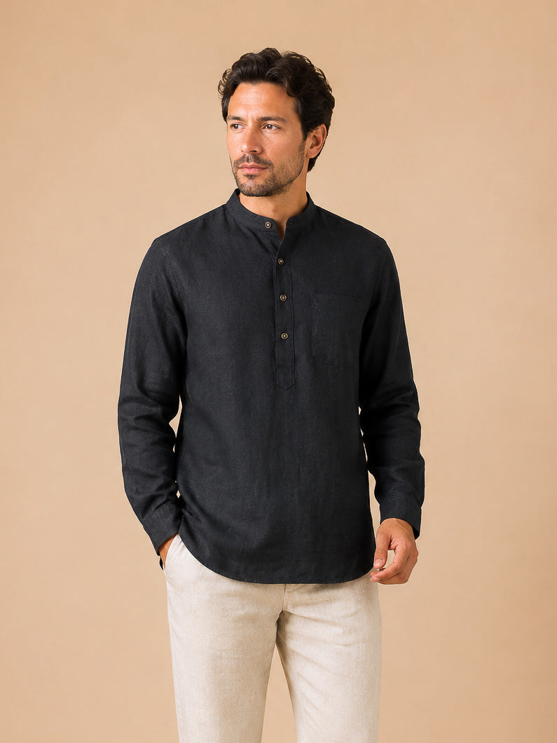 Jet Black Linen-Look Short Kurta